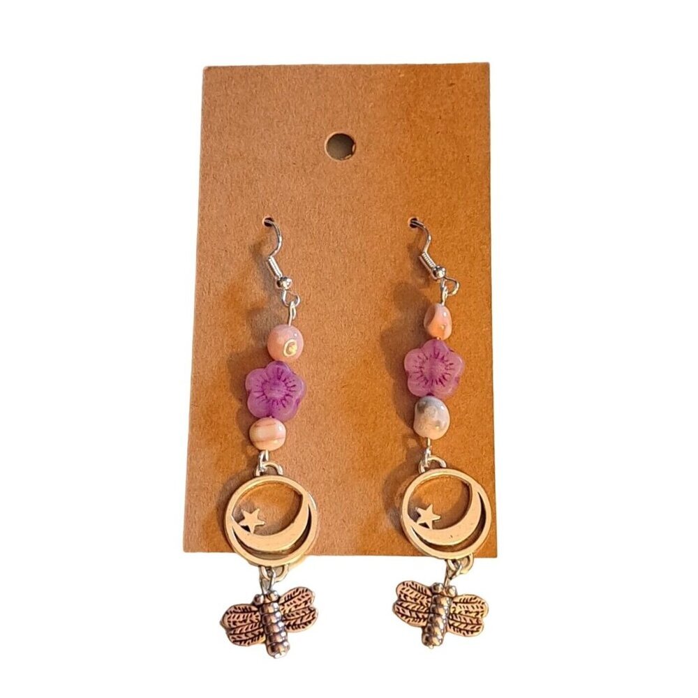 925 Silver Earwires Handmade Dragonfly Earrings Czech Flower Coral Moon Star